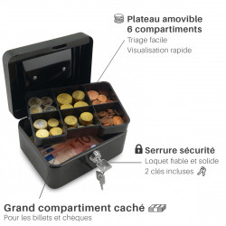 Caisse à monnaie métal noir, 6 compartiments, serrure à clé