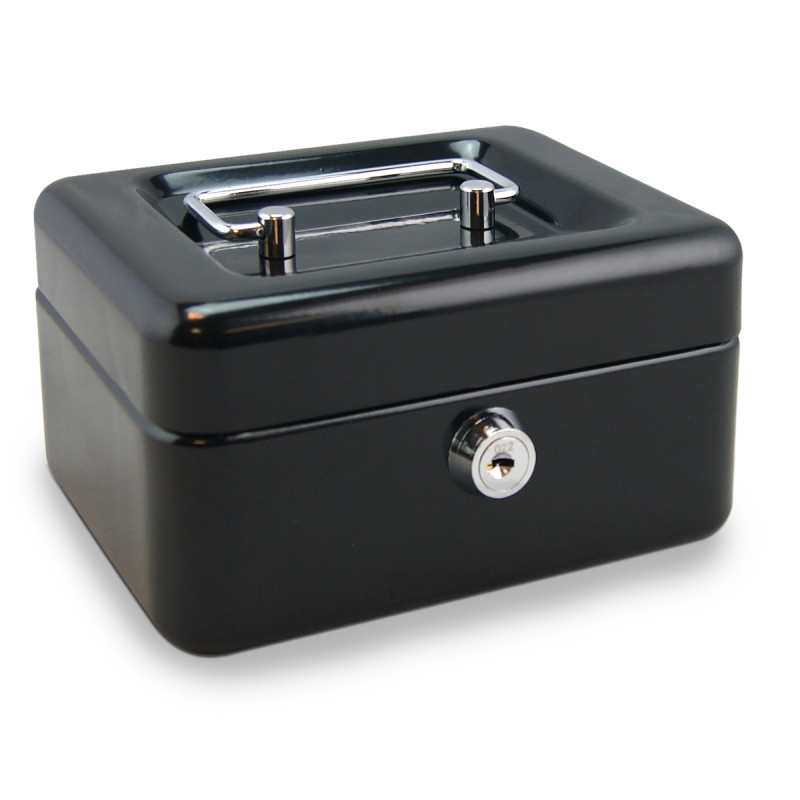 Caisse à monnaie métal noir, 6 compartiments, serrure à clé