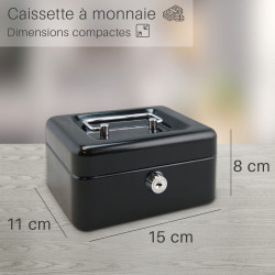 Caisse à monnaie métal noir, 6 compartiments, serrure à clé