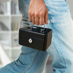 Caisse à monnaie métal noir, 6 compartiments, serrure à clé