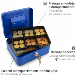 Plateau amovible 6 compartiment pour ranger les pièces et un grand casier pour chèques, billets, et reçus