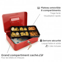 plateau amovible avec 6 compartiment pour ranger les pièces et un grand compartiment caché pour ranger chèques et billets