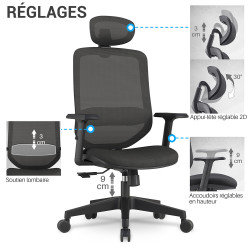 Fauteuil bureau ergonomique noir pro - maille respirante, appui-tête
