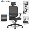 Fauteuil bureau ergonomique noir pro - maille respirante, appui-tête
