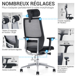 Chaise de bureau Naos, accoudoirs, appui-tête, soutien lombaire, Noir