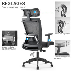chaise de bureau avec appui-tête réglable 2D, accoudoirs réglables en  hauteur