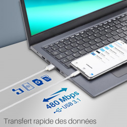 Câble USB-C 3.1 USB-A Nylon tressé, 20W 1A, mâle mâle, 2,00m Blanc