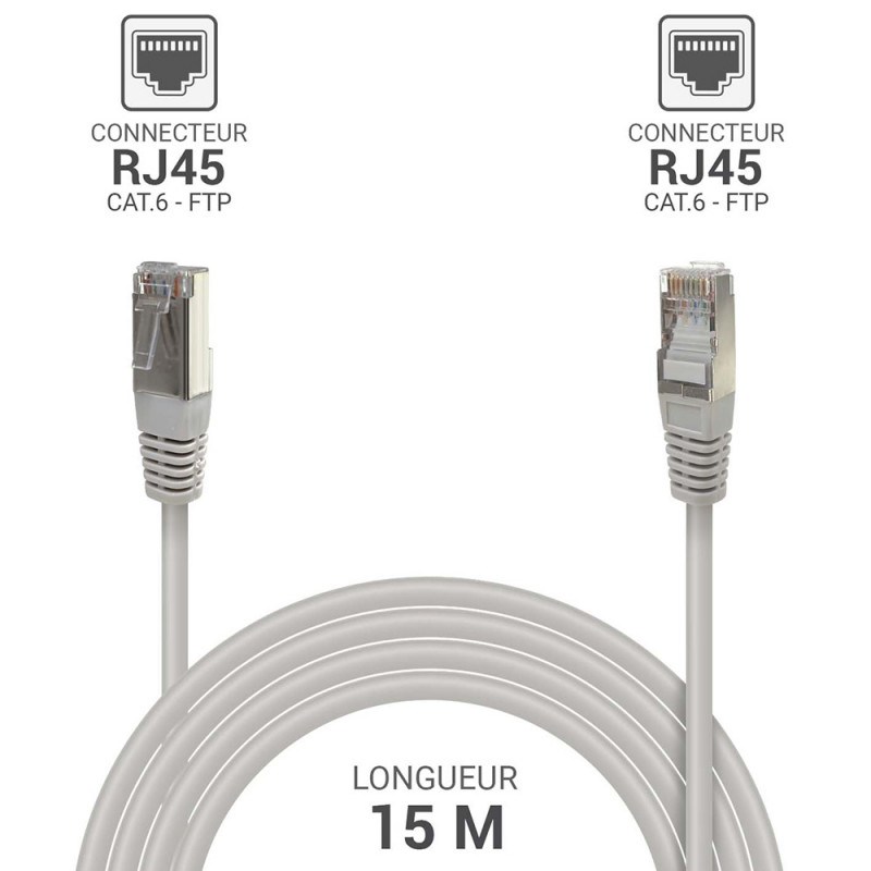 Câble réseau RJ45 Cat. 6 blindé FTP gris 15.00m