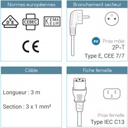 Lot de 5 Câbles d'alimentation 3m CEE 7/7 vers IEC C13, Noir