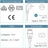 Lot de 5 Câbles d'alimentation 3m CEE 7/7 vers IEC C13, Noir