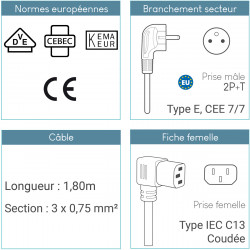 Lot de 5 câbles d'alimentation 1,80m CEE 7/7 vers C13 coudé, Noir
