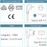 Lot de 5 câbles d'alimentation 1,80m CEE 7/7 vers C13 coudé, Noir