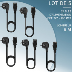 Lot de 5 Câbles d'alimentation 5m CEE 7/7 vers IEC C13, Noir