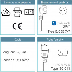 Lot de 5 Câbles d'alimentation 5m CEE 7/7 vers IEC C13, Noir