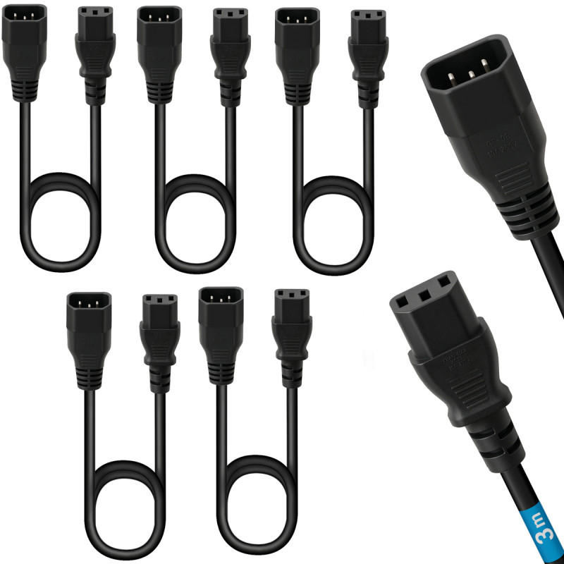 Lot de 5 Rallonges alimentation C14 - C13 mâle femelle Noir - 3m 