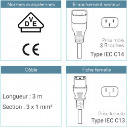 Lot de 5 Rallonges alimentation C14 - C13 mâle femelle Noir - 3m 