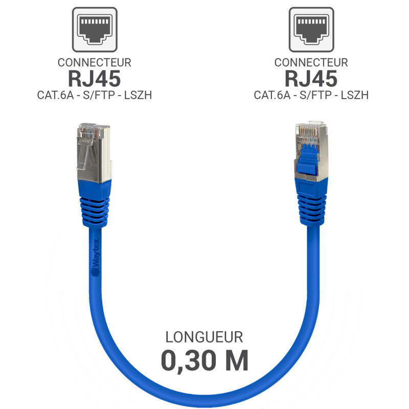 Câble réseau RJ45 Cat. 6a S/FTP LSOH 100% cuivre Bleu 0.30m