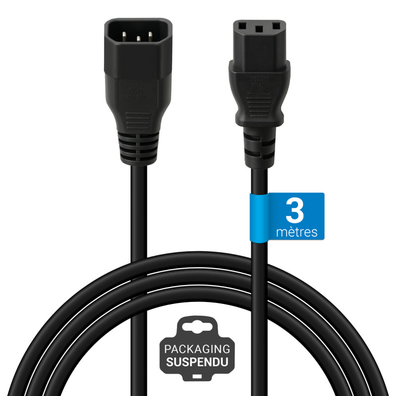 Rallonge alimentation IEC C13 / IEC C14 10A/250V 3,00 Mètre noire S