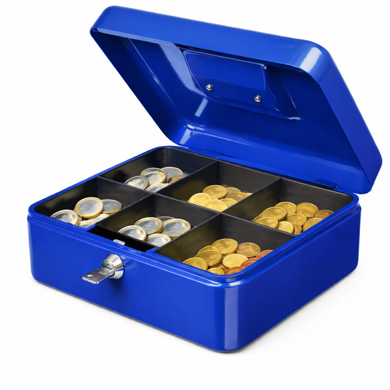 Caissette à monnaie métal bleue moyenne avec poignée et serrure