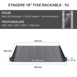 Plateau étagère 19 pouces perforé noir profondeur 450 mm