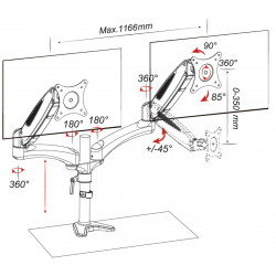 Bras articulé 2 écrans fixation pince bureau verin pneumatique