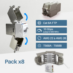 Lot de 8 Embases RJ45 Cat6a FTP Keystone sans outil - blindé métal