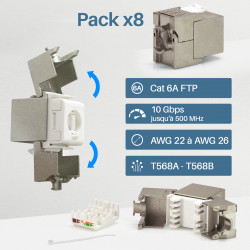Pack de 8 Modules RJ45 Cat6a FTP sans outil, blindé métal zinc nickelé, 10 Gbps. Installation rapide