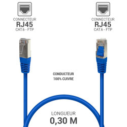 Câble réseau RJ45 Cat. 6 100% cuivre blindé FTP bleu 0.30m