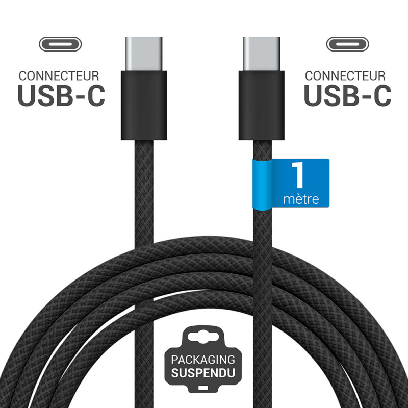 Câble USB-C USB-C 3.1 60W Nylon tressé, mâle mâle, 1,00m Noir