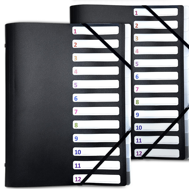 Lot de 2 Trieurs A4 12 compartiments noir fermeture élastiques