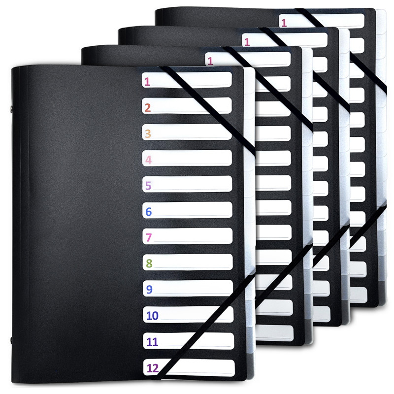 Lot de 4 Trieurs A4 12 compartiments noir fermeture élastiques