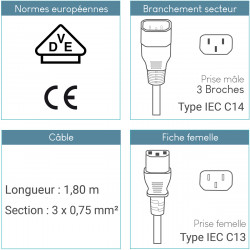 Rallonge alimentation IEC C13 / IEC C14 10A/250V 1.80 Mètre noire S