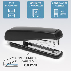 Agrafeuse de Bureau 30 feuilles Mécanisme métal 24/6 et 26/6 - Noir