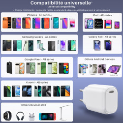 Pack 3 Chargeurs Rapides USB-C 20W QC 3.0+PD Blanc avec Puce IC 