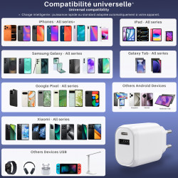 Chargeur Rapide USB-C 20W QC 3.0+PD Sécurisé Puce IC Blanc Prise EU