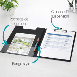 Porte-bloc A4 rigide avec rabat et pince - PVC noir