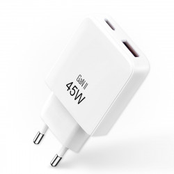 Chargeur Rapide 45W GaN USB-C + USB-A Blanc - Technologie...