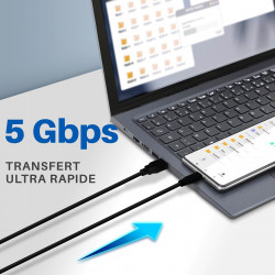 Câble USB-C vers USB-A 3m 3A 5Gbps blindé noir