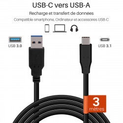 câble usb-c 3.1 vers usb-a 3.0 comptaible avec smartphones, mobiles, tablettes, consoles, écouteurs, ordinateur portable