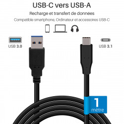 Câble USB-C 3.1 vers USB-A 3.0 Superspeed 5Gbps 1m noir