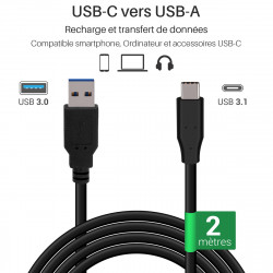 Câble USB-C 3.1 vers USB-A 3.0 Superspeed 5Gbps 2m noir