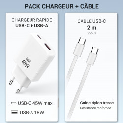 Pack Chargeur 45W GaN + Câble USB-C vers USB-C 2m Nylon - Blanc