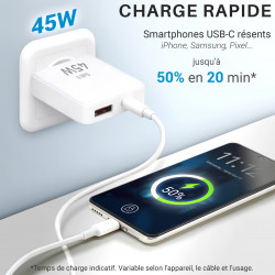 Pack Chargeur 45W GaN + Câble USB-C vers USB-C 2m Nylon - Blanc