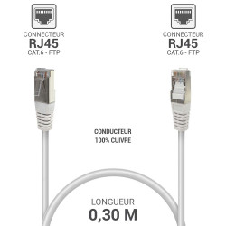 Câble réseau RJ45 Cat. 6 100% cuivre blindé FTP blanc 0.30m