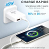 Pack Chargeur 45W GaN + Câble USB-C vers USB-C 1m Nylon - Blanc