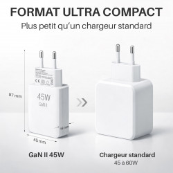Pack Chargeur 45W GaN + Câble USB-C vers USB-C 1m Nylon - Blanc