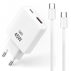 Pack Chargeur rapide 45W GaN + Câble USB-C 1m Nylon Blanc 60W