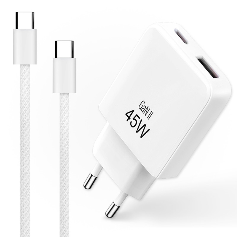 Lot de 2 Chargeurs Rapides 45W GaN USB-C + USB-A Blanc