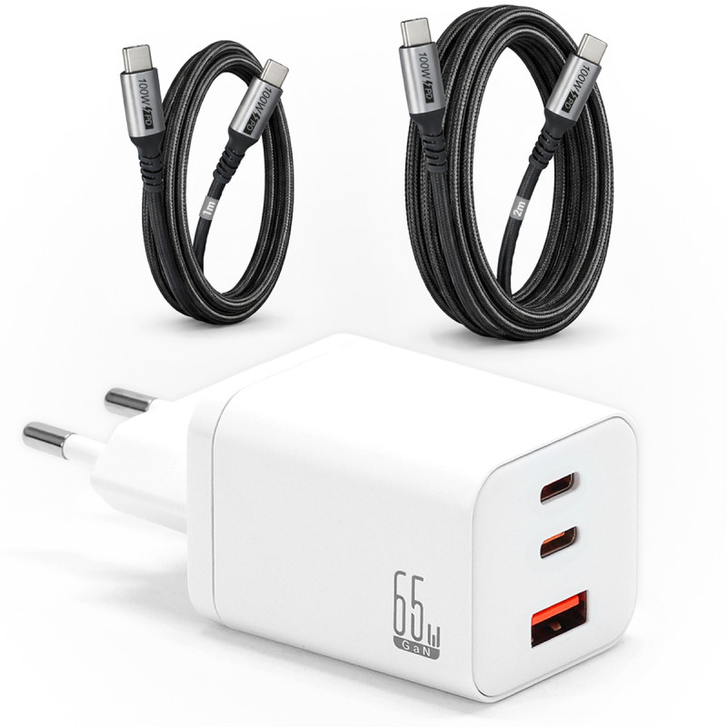 Kit chargeur 65W GaN + câbles USB-C 100W 1m 2m