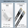 Kit chargeur 65W GaN + câbles USB-C 100W 1m + 2m noir